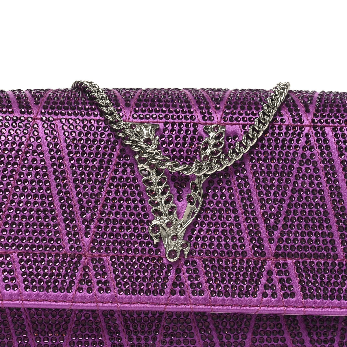 Satin Crystal Virtus Chain Clutch Purple