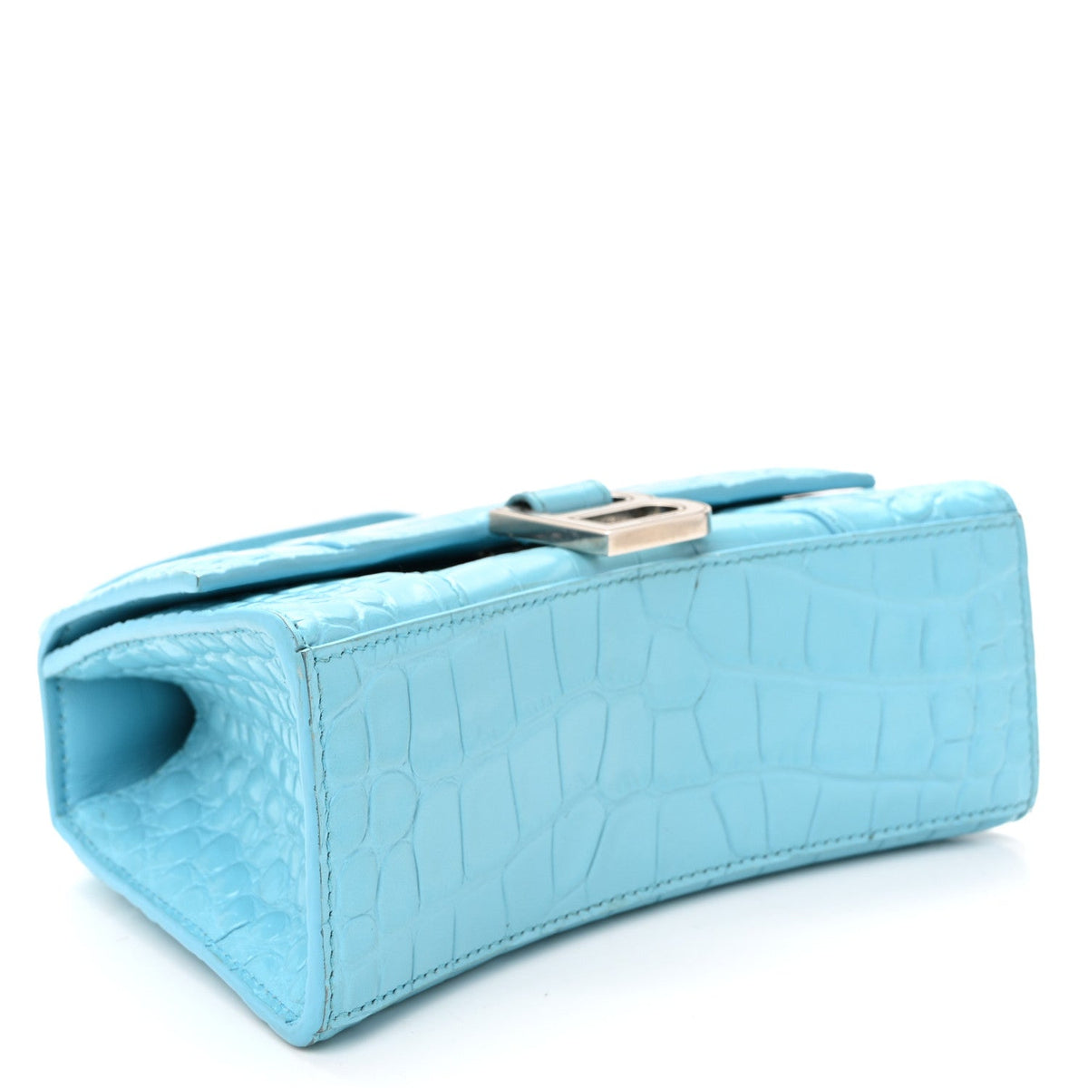 Shiny Calfskin Crocodile Embossed Hourglass Top Handle Bag XS Azur