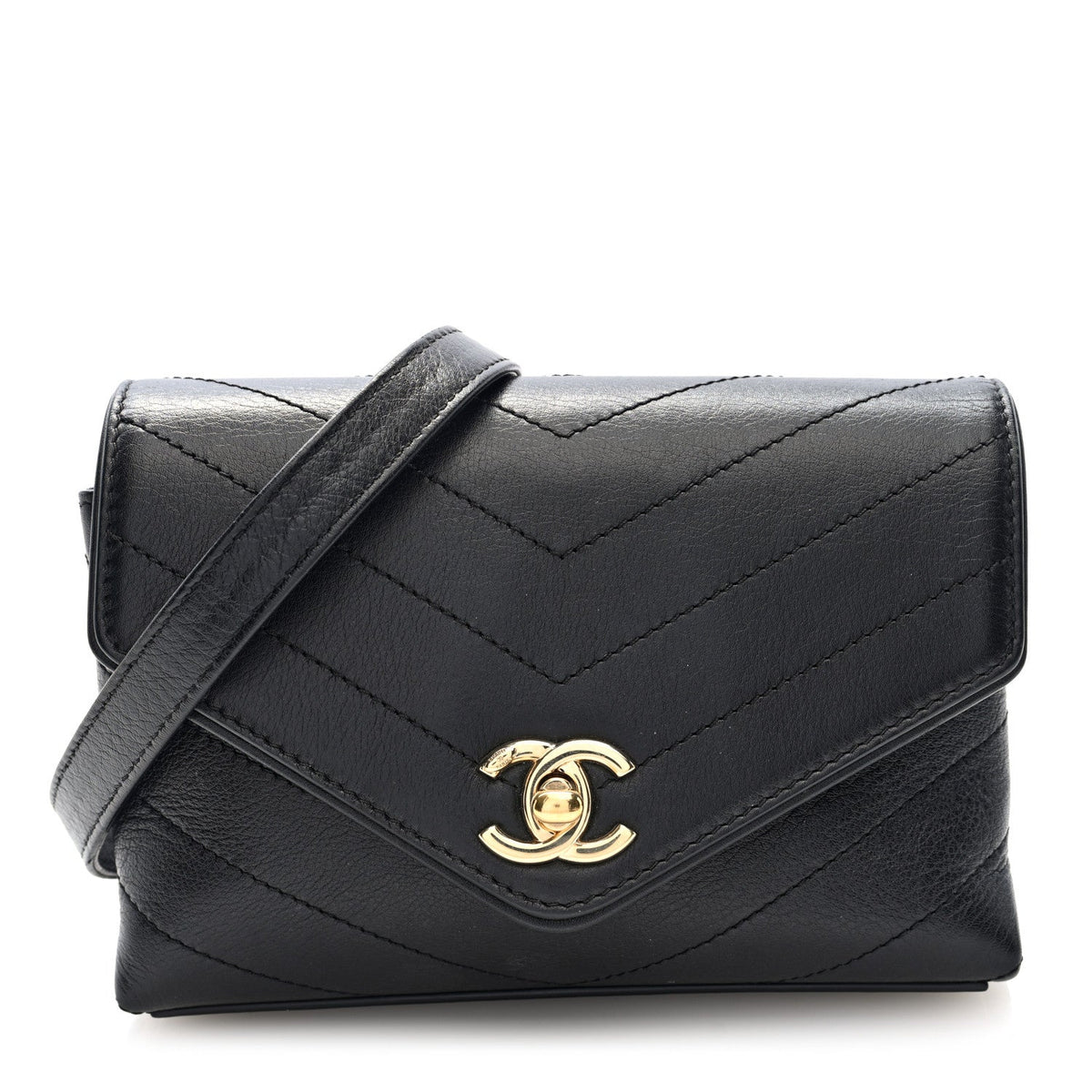 Calfskin Chevron Stitched Coco Waist Bag Black