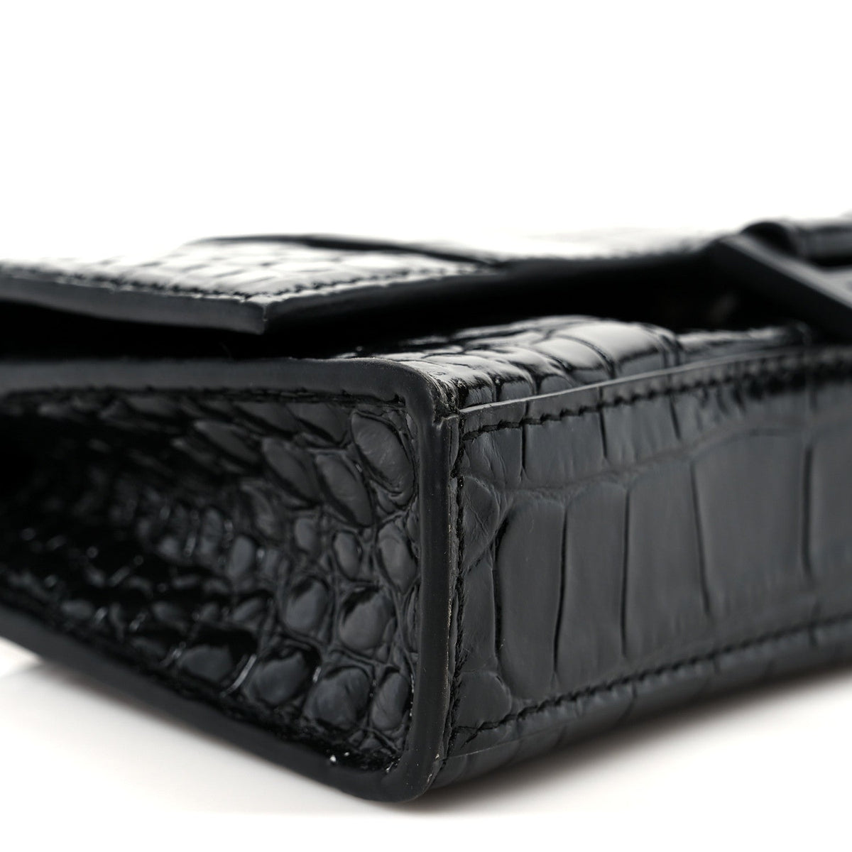 Shiny Calfskin Monochrome Crocodile Embossed Hourglass Chain Bag Black