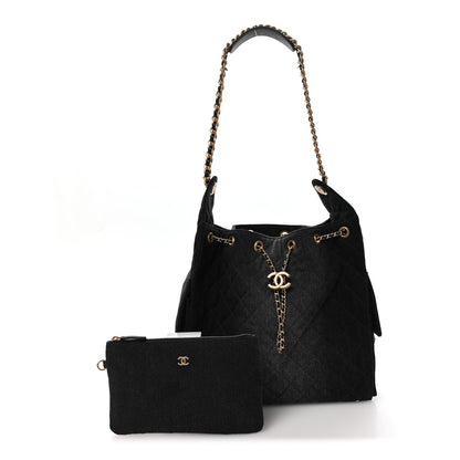 Washed Denim Quilted Medium Chanel 25 Handbag Black