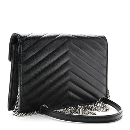 Grain De Poudre Matelasse Chevron Monogram Envelope Chain Wallet Black