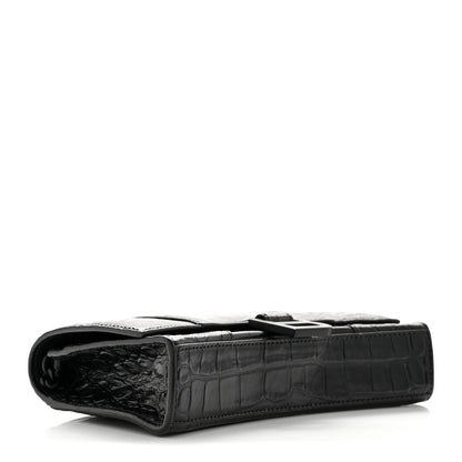 Shiny Calfskin Monochrome Crocodile Embossed Hourglass Chain Bag Black