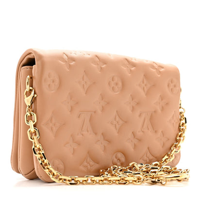 Lambskin Embossed Monogram Pochette Coussin Camel