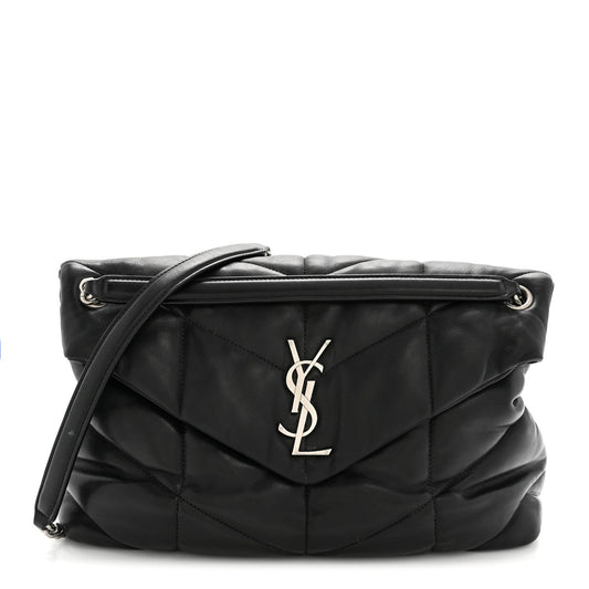 Lambskin Quilted Medium Loulou Puffer Monogram Chain Satchel Black