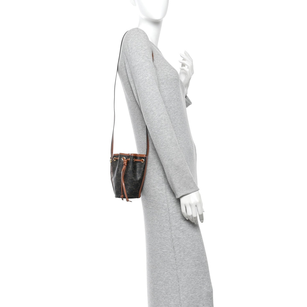 Triomphe Canvas Calfskin Micro Drawstring Bucket Bag Tan
