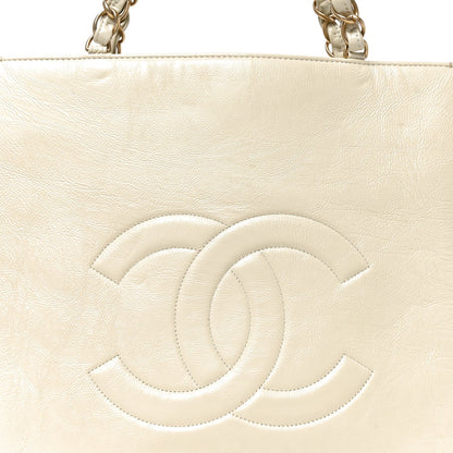 Shiny Aged Calfskin North South Shopping Bag White