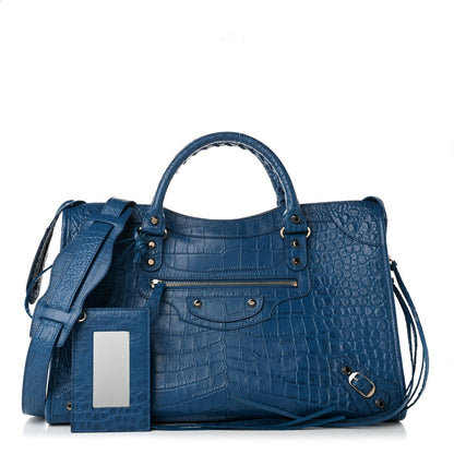 Calfskin Crocodile Embossed Classic Silver Hardware City Bleu Marine