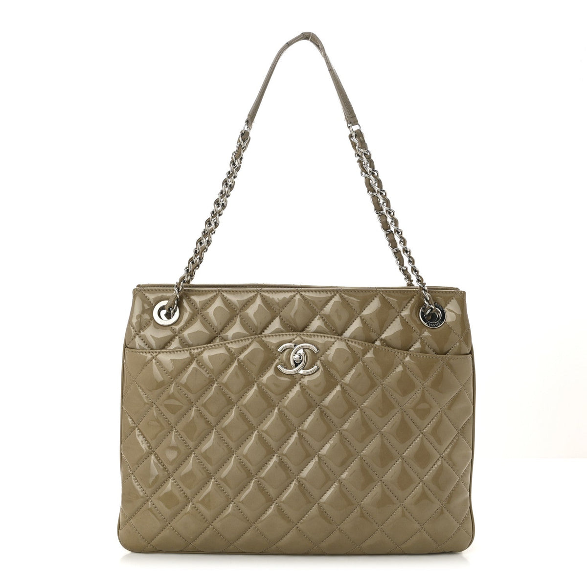 Patent Quilted Accordion Shopping Tote Beige