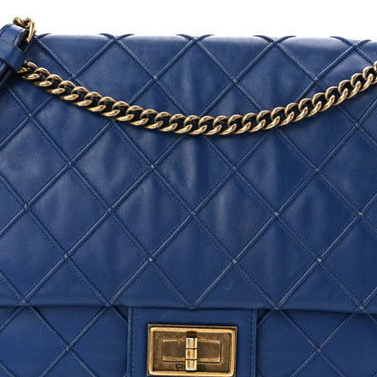Calfskin Diamond Debossed Large Cosmos Flap Blue