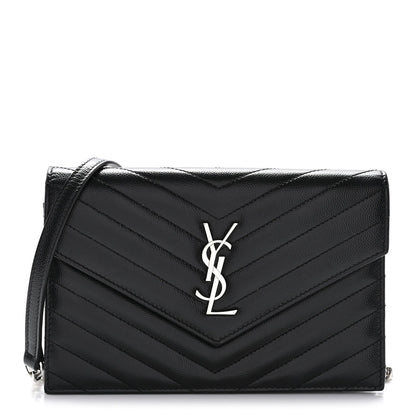 Grain De Poudre Matelasse Chevron Monogram Envelope Chain Wallet Black