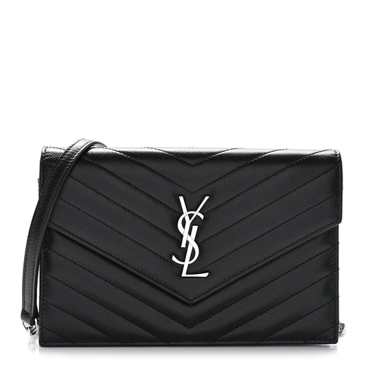 Grain De Poudre Matelasse Chevron Monogram Envelope Chain Wallet Black