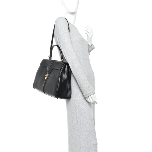 Satinated Calfskin Large 16 Top Handle Bag Black